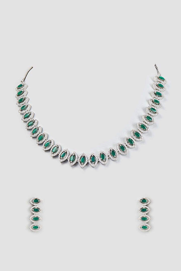 White Finish Zircon & Synthetic Emerald Necklace Set by Aster at Pernia's Pop Up Shop