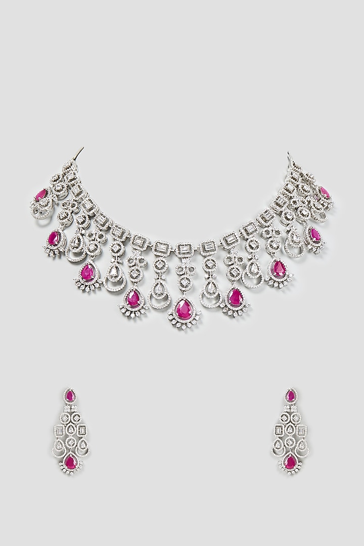 White Finish Zircon & Synthetic Ruby Necklace Set by Aster at Pernia's Pop Up Shop