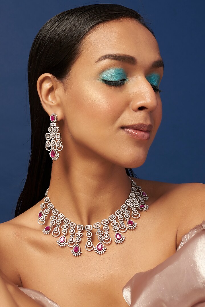 White Finish Zircon & Synthetic Ruby Necklace Set by Aster at Pernia's Pop Up Shop