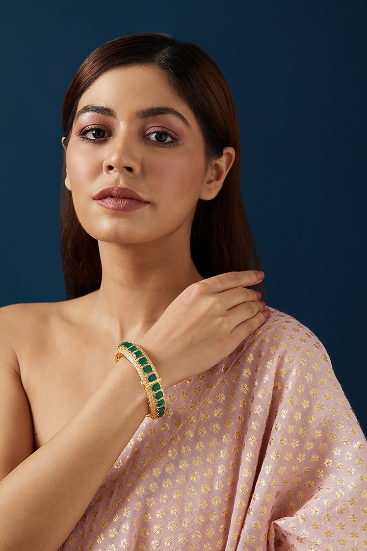 Gold Finish Zircon & Green Stone Bracelet by Aster at Pernia's Pop Up Shop