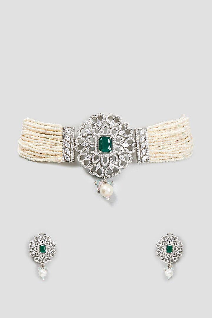 White Finish Zircon & Synthetic Green Stone Choker Necklace Set by Aster at Pernia's Pop Up Shop