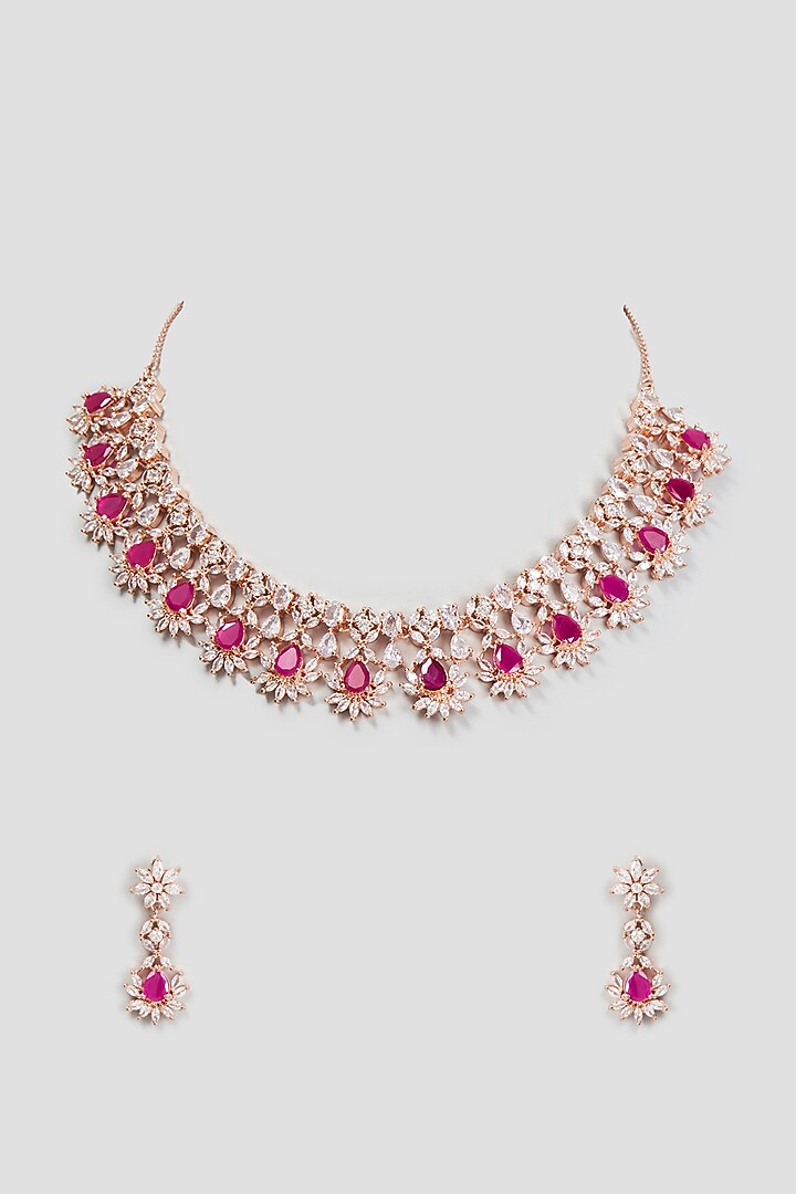 Rose Gold Finish Zircon & Synthetic Ruby Stone Necklace Set by Aster at Pernia's Pop Up Shop