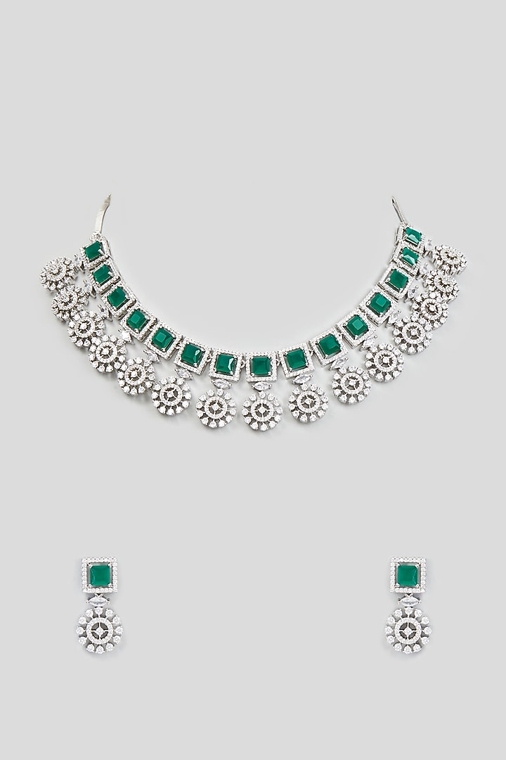 White Finish Zircon & Synthetic Emerald Stone Necklace Set by Aster at Pernia's Pop Up Shop