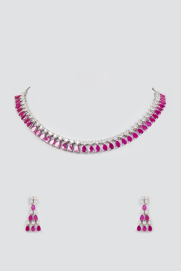 White Finish Zircon & Synthetic Ruby Stone Necklace Set by Aster at Pernia's Pop Up Shop