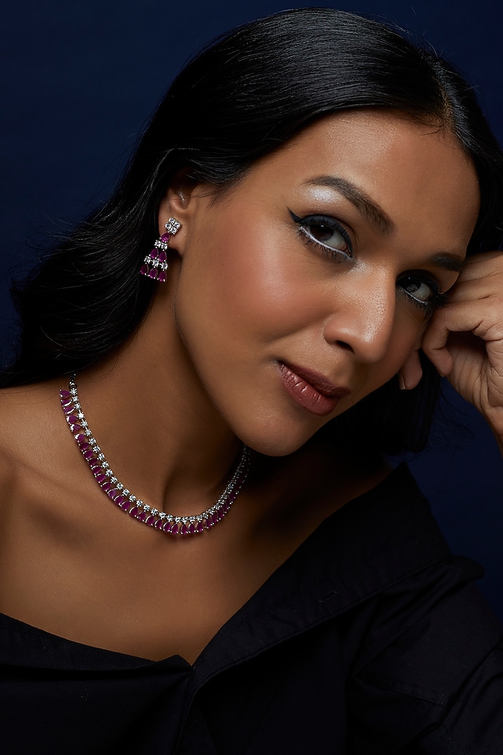White Finish Zircon & Synthetic Ruby Stone Necklace Set by Aster at Pernia's Pop Up Shop