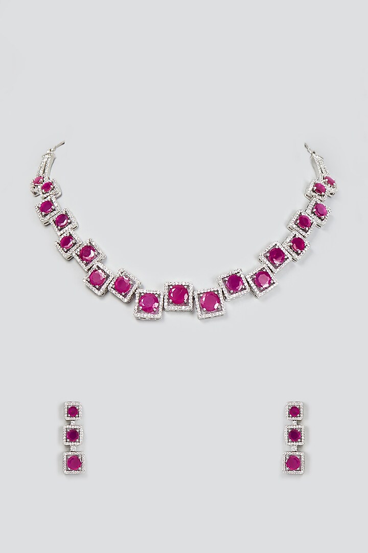White Finish Zircon & Synthetic Ruby Stone Necklace Set by Aster at Pernia's Pop Up Shop