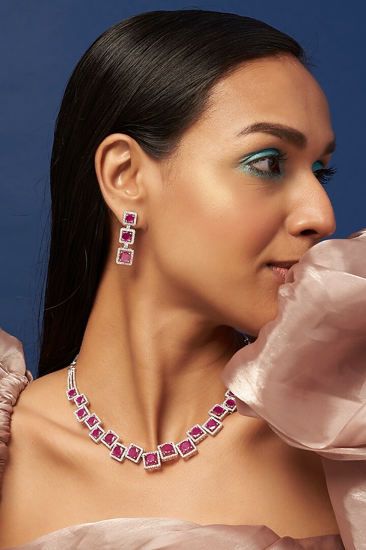 White Finish Zircon & Synthetic Ruby Stone Necklace Set by Aster at Pernia's Pop Up Shop