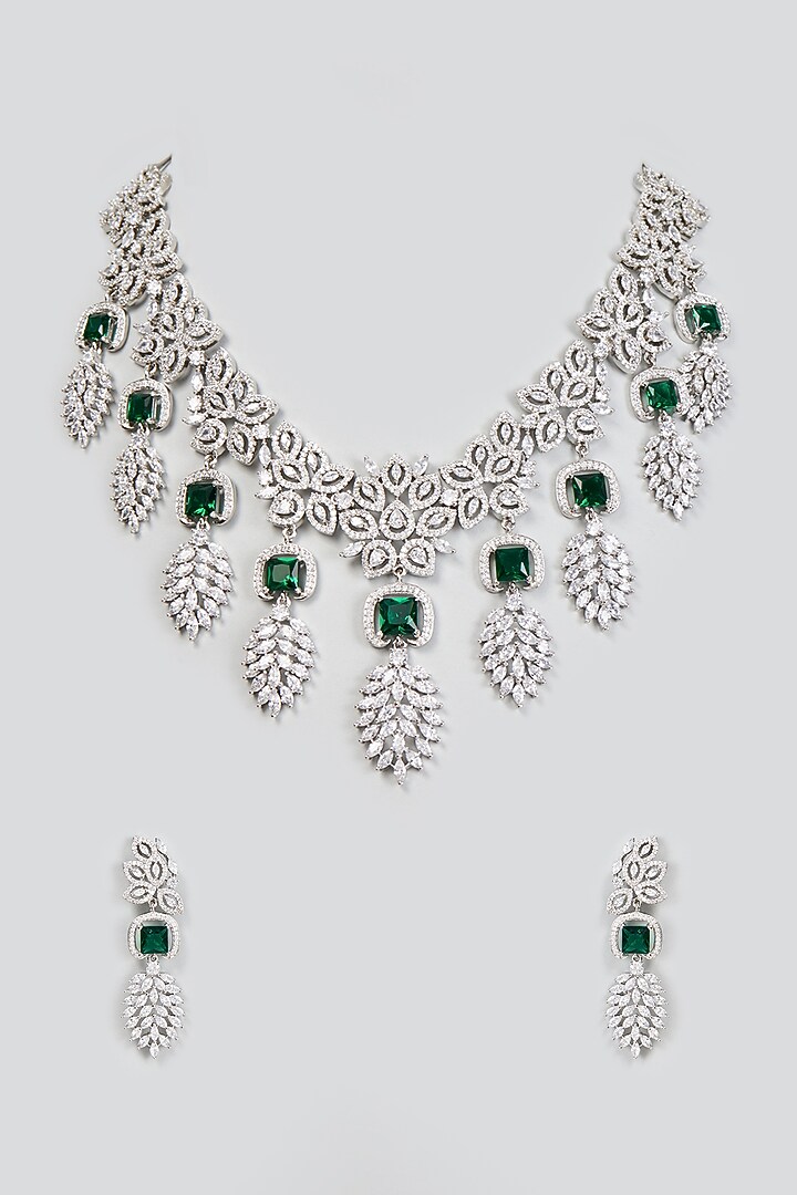 White Finish Zircon & Synthetic Emerald Stone Necklace Set by Aster at Pernia's Pop Up Shop