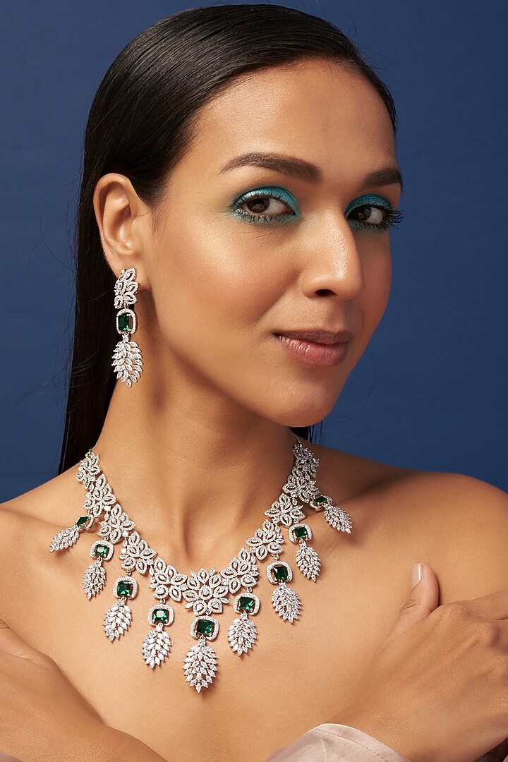 White Finish Zircon & Synthetic Emerald Stone Necklace Set by Aster at Pernia's Pop Up Shop