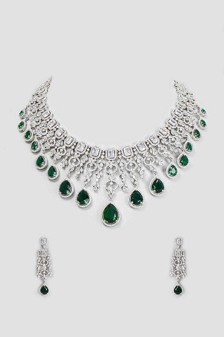 White Finish Zircon & Synthetic Emerald Stone Necklace Set by Aster at Pernia's Pop Up Shop