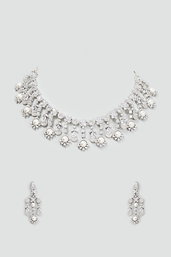 White Finish Faux Diamond Necklace Set by Aster