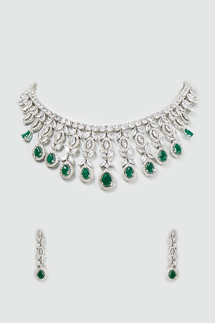 White Finish Zircon & Synthetic Emerald Stone Necklace Set by Aster at Pernia's Pop Up Shop