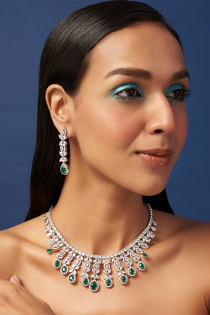 White Finish Zircon & Synthetic Emerald Stone Necklace Set by Aster