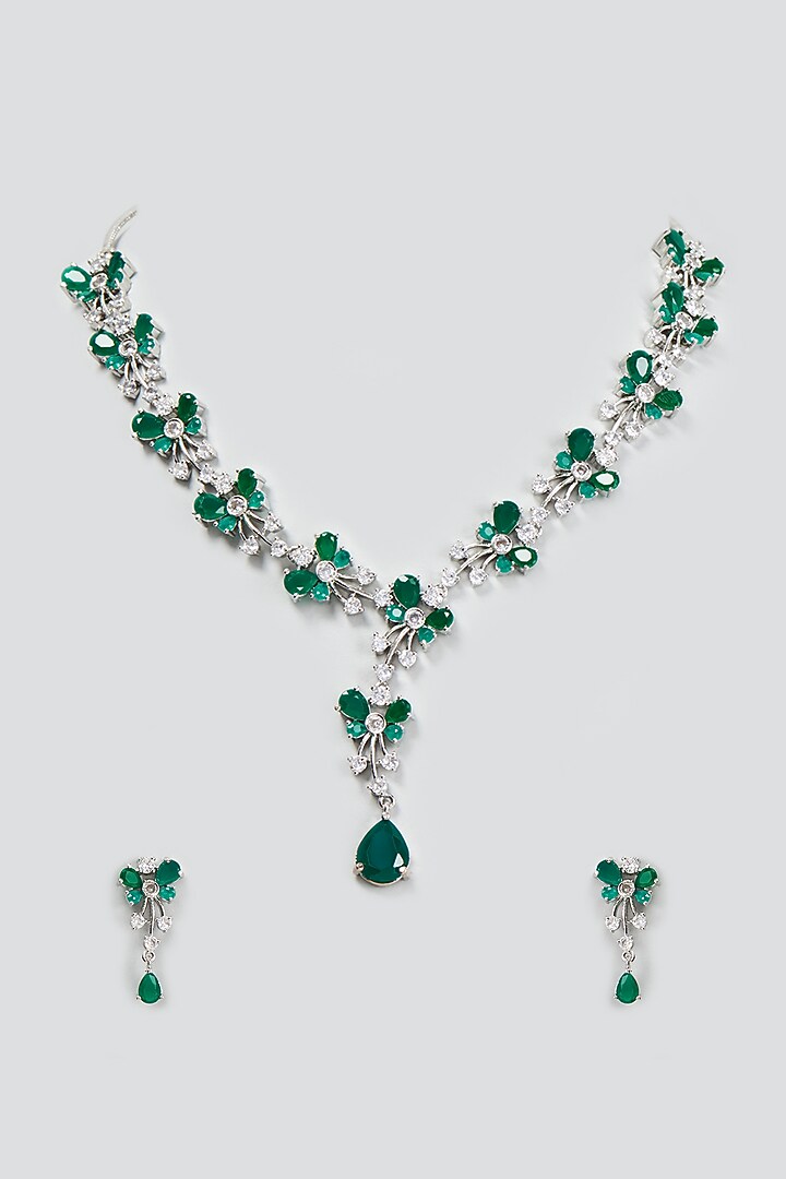 White Finish Zircon & Synthetic Emerald Stone Necklace Set by Aster at Pernia's Pop Up Shop