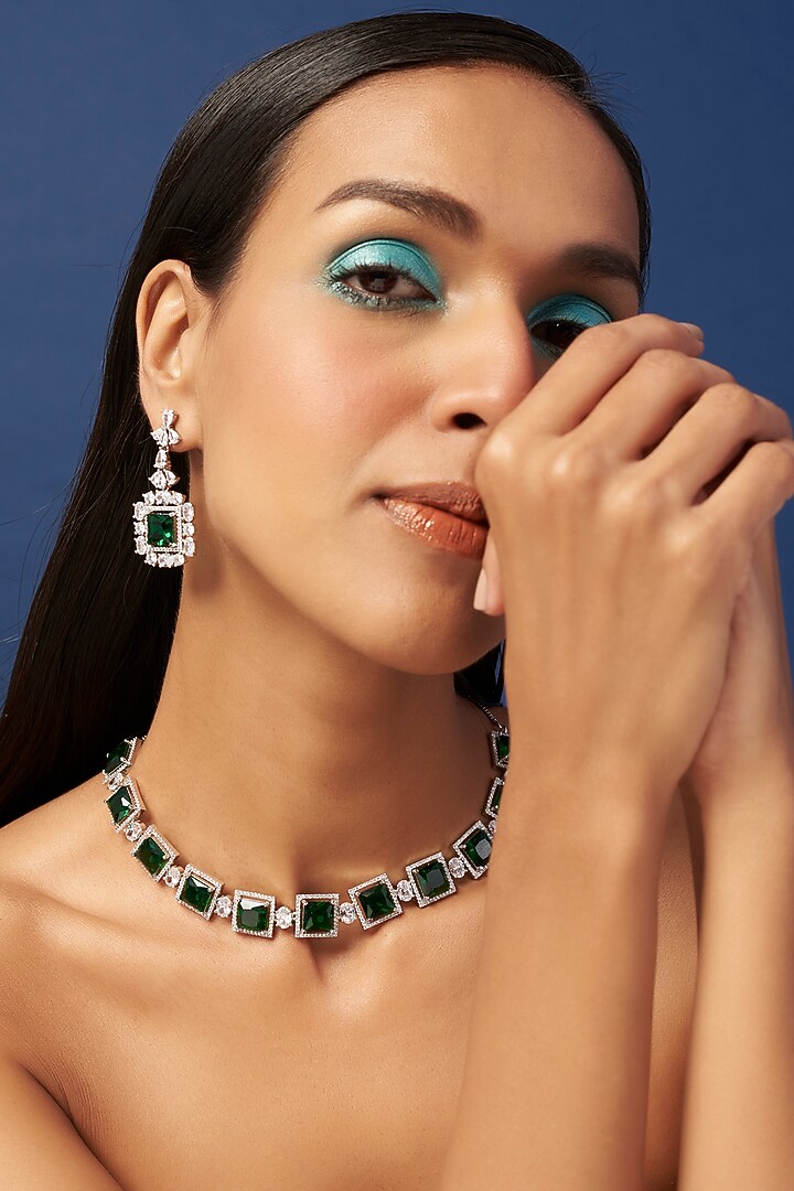 White Finish Zircon & Synthetic Emerald Stone Necklace Set by Aster at Pernia's Pop Up Shop