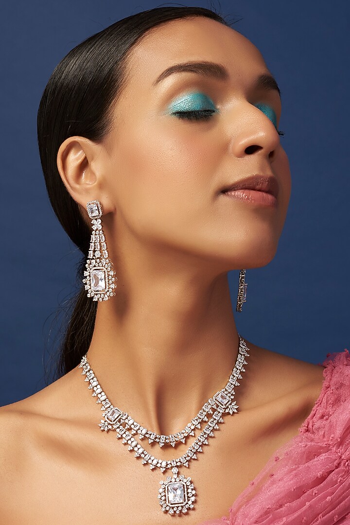 White Finish Faux Diamond Layered Necklace Set by Aster at Pernia's Pop Up Shop