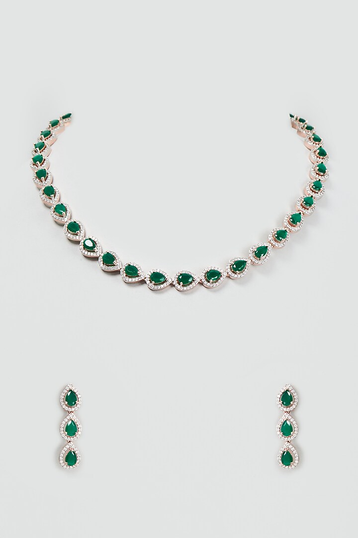 Rose Gold Finish Faux Diamond & Synthetic Emerald Stone Necklace Set by Aster at Pernia's Pop Up Shop
