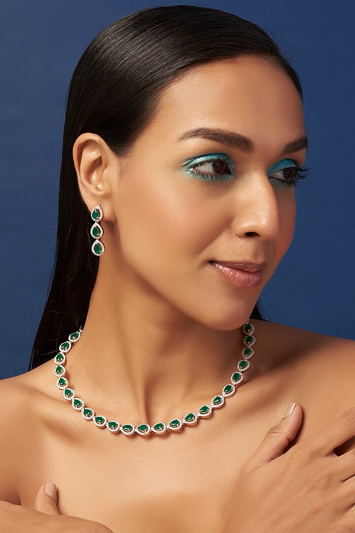 Rose Gold Finish Faux Diamond & Synthetic Emerald Stone Necklace Set by Aster at Pernia's Pop Up Shop