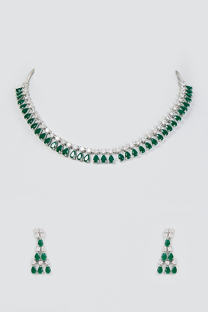 White Finish Faux Diamond & Green Stone Necklace Set by Aster at Pernia's Pop Up Shop
