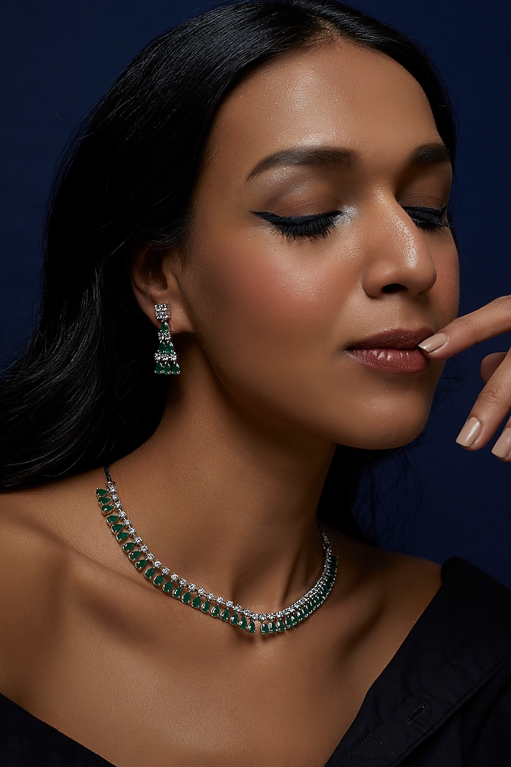 White Finish Faux Diamond & Green Stone Necklace Set by Aster at Pernia's Pop Up Shop