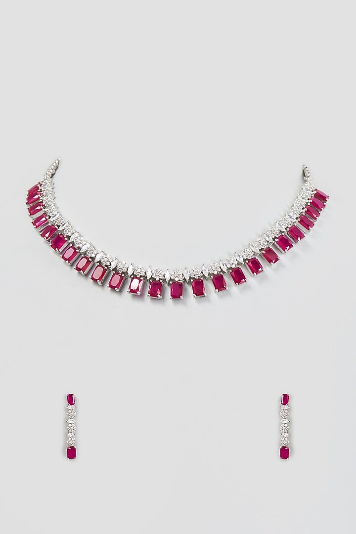 White Finish Faux Diamond & Synthetic Ruby Stone Necklace Set by Aster at Pernia's Pop Up Shop