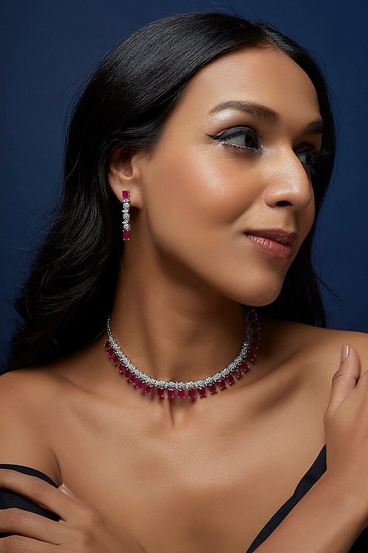 White Finish Faux Diamond & Synthetic Ruby Stone Necklace Set by Aster at Pernia's Pop Up Shop