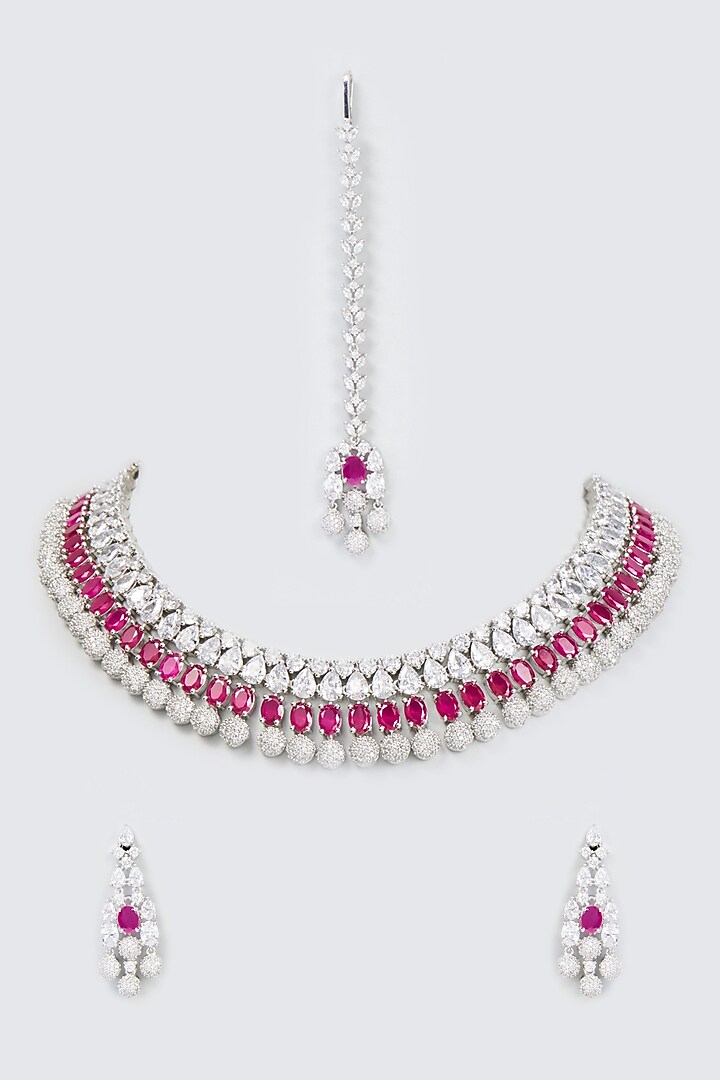 White Finish Faux Diamond & Synthetic Ruby Stone Necklace Set by Aster at Pernia's Pop Up Shop