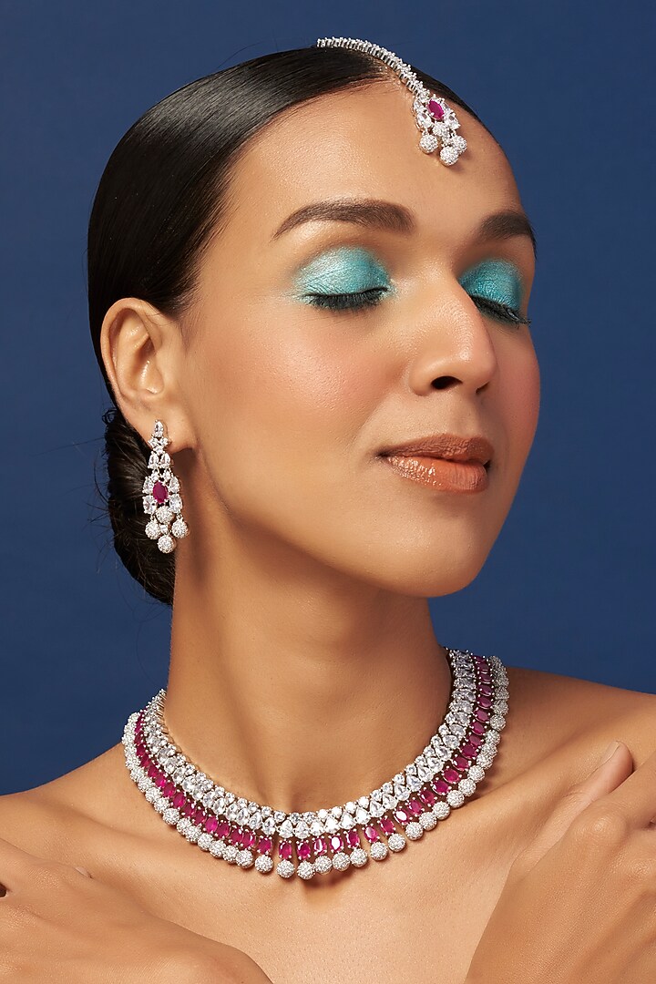White Finish Faux Diamond & Synthetic Ruby Stone Necklace Set by Aster at Pernia's Pop Up Shop