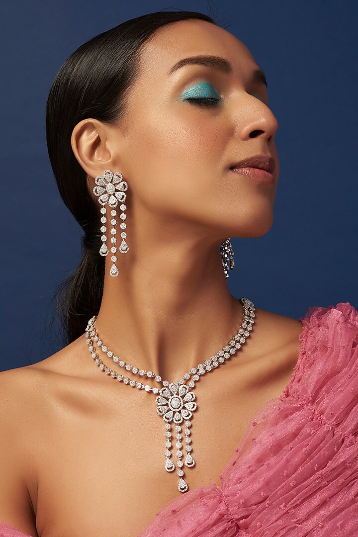 White Finish Faux Diamond Necklace Set by Aster at Pernia's Pop Up Shop