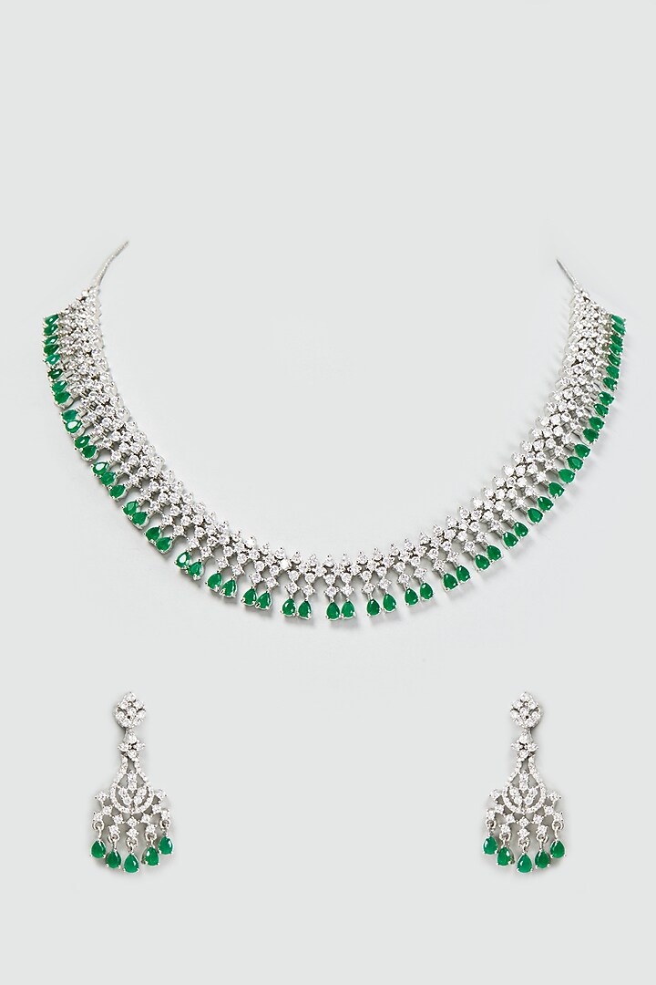 White Finish Faux Diamond & Synthetic Emerald Stone Necklace Set by Aster at Pernia's Pop Up Shop