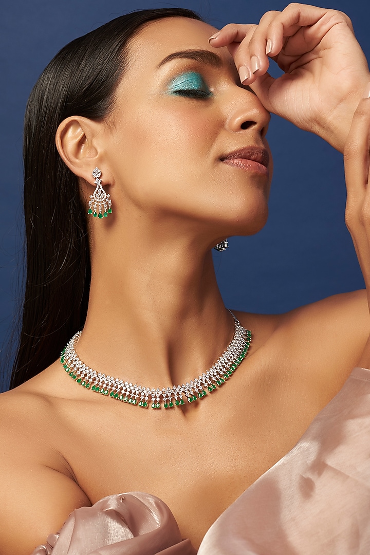 White Finish Faux Diamond & Synthetic Emerald Stone Necklace Set by Aster at Pernia's Pop Up Shop