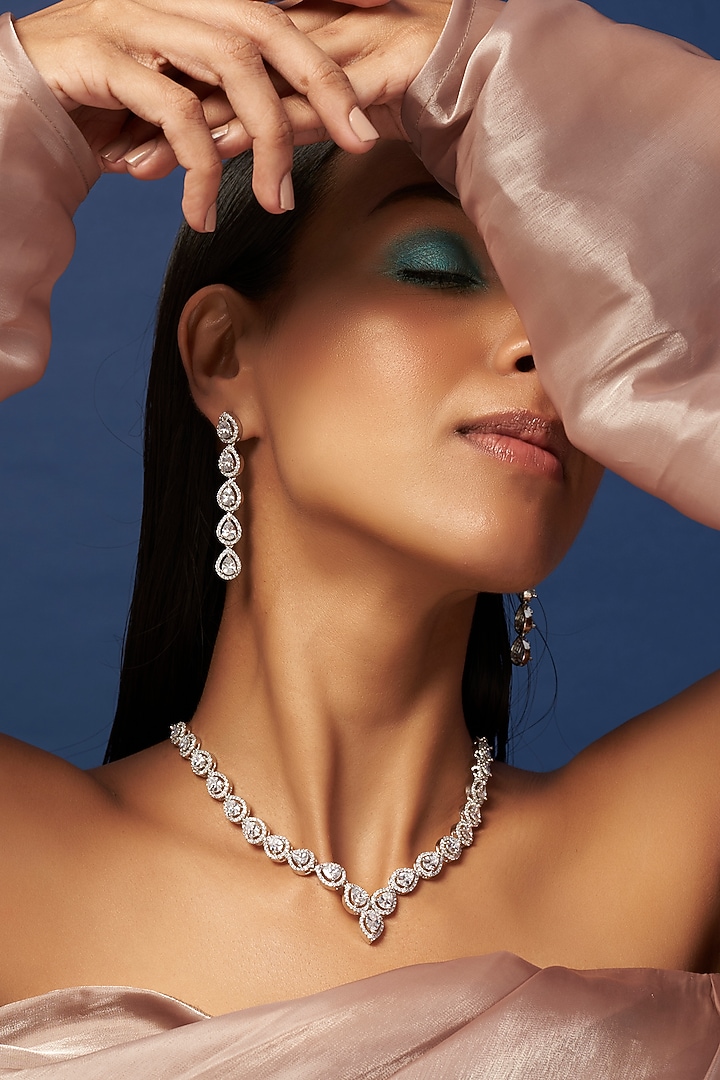 White Finish Faux Diamond Necklace Set by Aster at Pernia's Pop Up Shop