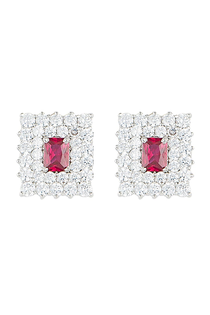 Silver plated faux ruby and diamond stud earrings by Aster at Pernia's Pop Up Shop