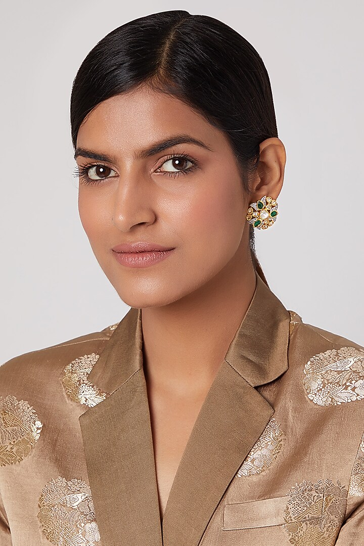 Gold Finish Green Stone Stud Earrings by Aster at Pernia's Pop Up Shop