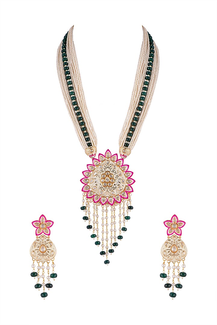 Gold Finish Meenakari Pendant Necklace Set by Aster at Pernia's Pop Up Shop
