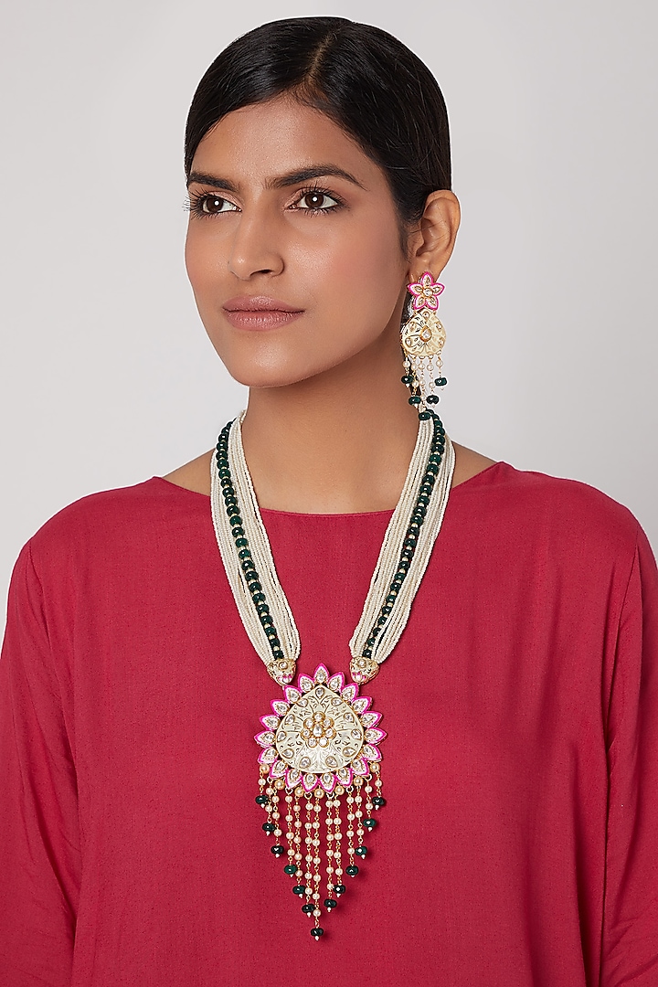 Gold Finish Meenakari Pendant Necklace Set by Aster