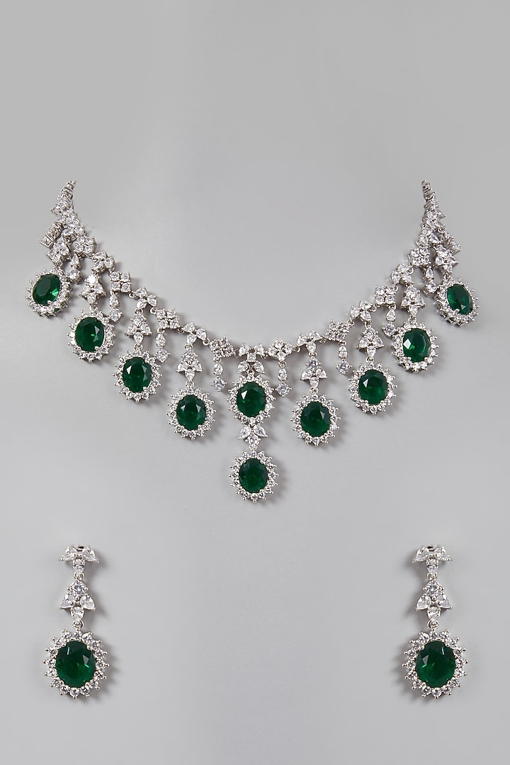 White Finish Green Stone & Diamond Necklace Set by Aster at Pernia's Pop Up Shop