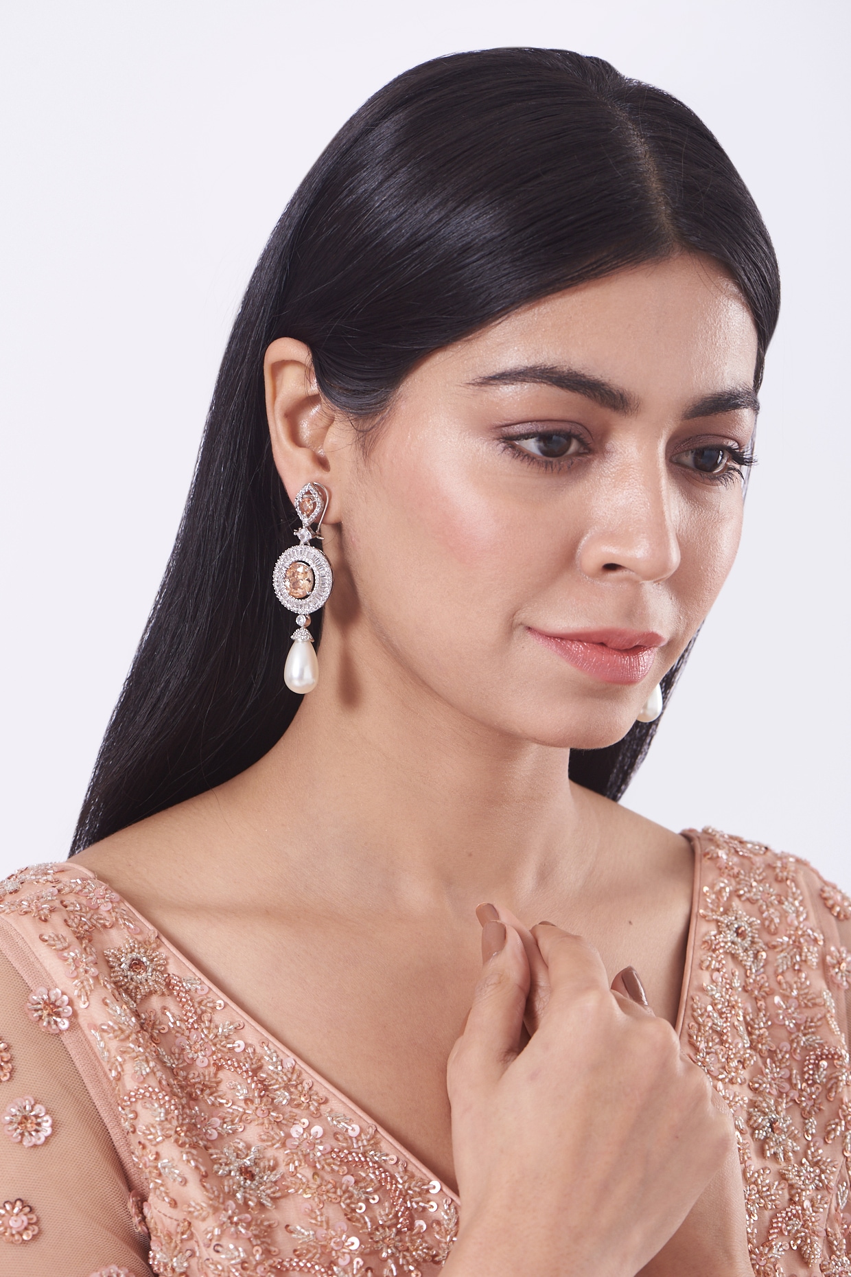 Buy Silver Plated Semi Precious Stone And American Diamond Drop Earrings by  Our Purple Studio Online at Aza Fashions.