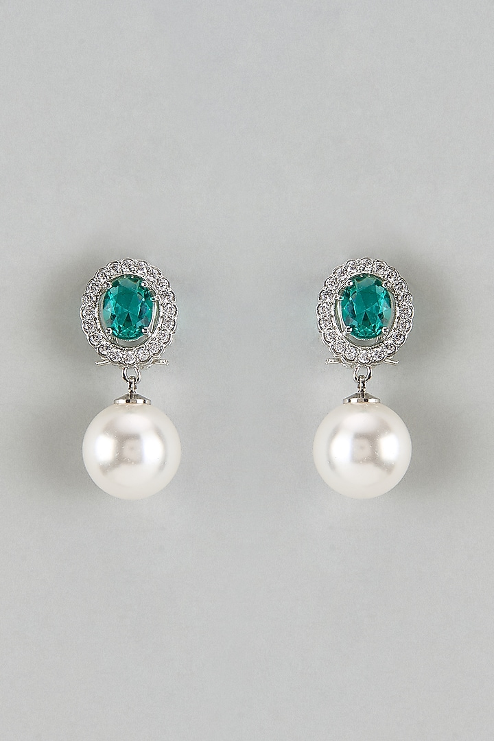 White Finish Zircon & Emerald Stone Dangler Earrings by Aster at Pernia's Pop Up Shop