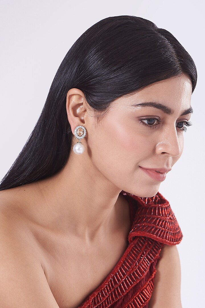 White Finish Faux Diamond & Champagne Stone Earrings With Pearl Drop by Aster at Pernia's Pop Up Shop