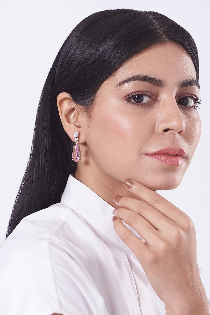 White Finish Zircon & Pink Stone Earrings by Aster at Pernia's Pop Up Shop