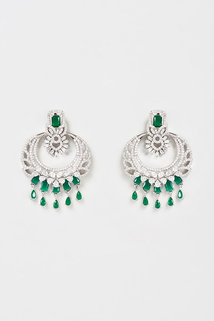 White Finish Faux Diamond & Emerald Chandbali Earrings by Aster