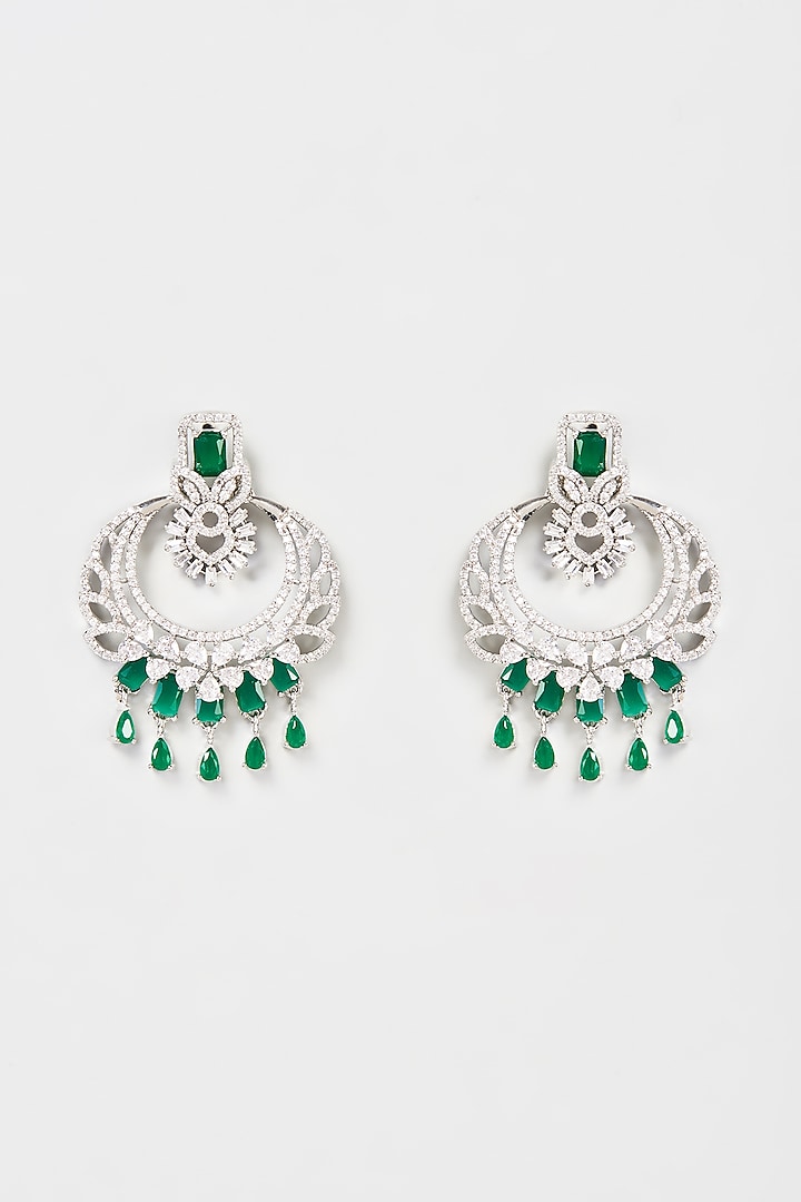 White Finish Faux Diamond & Emerald Chandbali Earrings by Aster