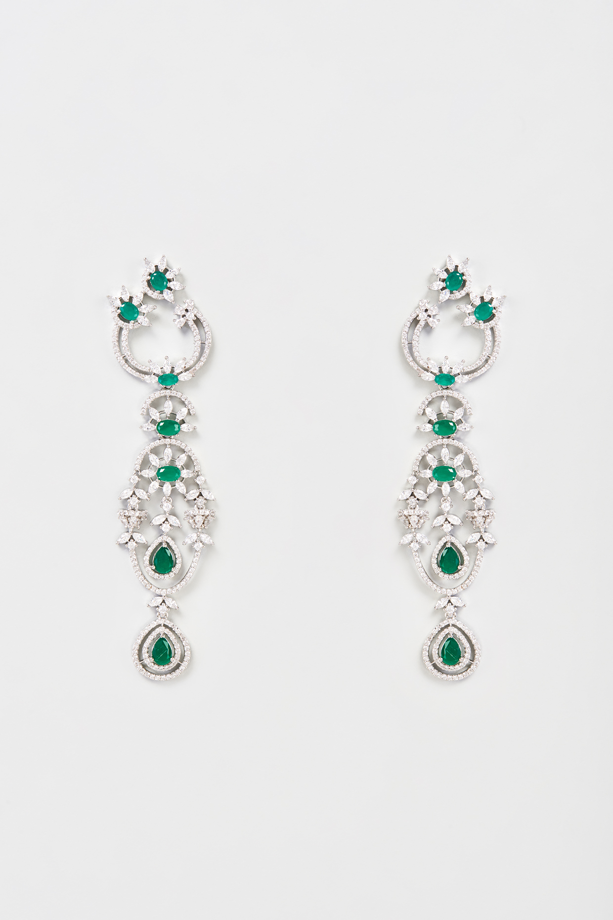 White Finish Faux Diamond & Emerald Dangler Earrings by Aster