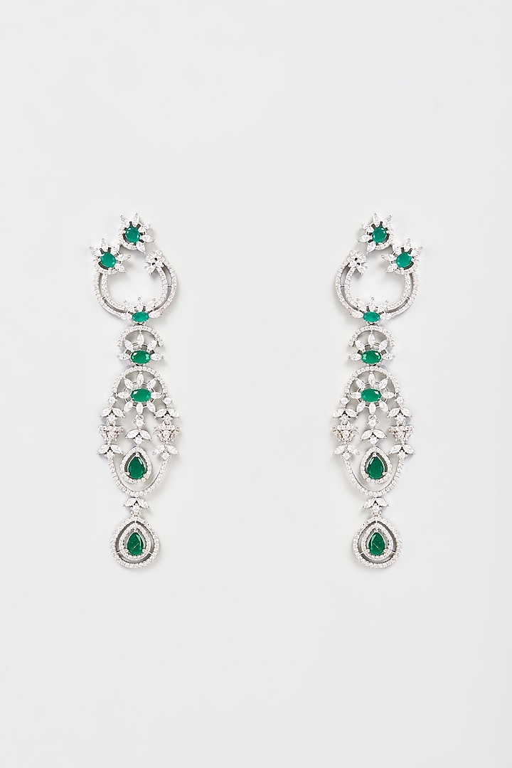 White Finish Faux Diamond & Emerald Dangler Earrings by Aster