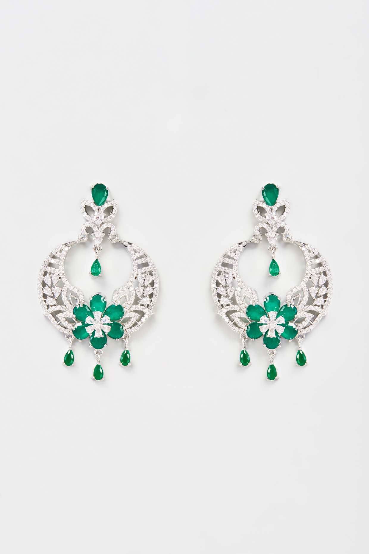 White Finish Faux Diamond & Emerald Chandbali Earrings by Aster