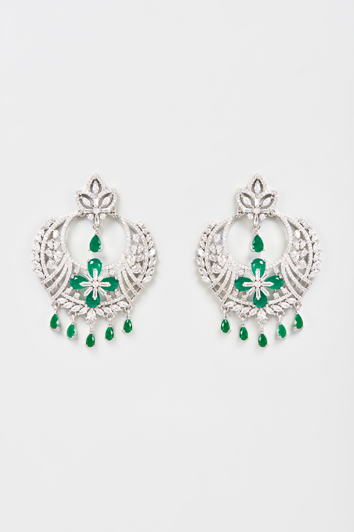 White Finish Faux Diamond & Emerald Chandbali Earrings by Aster