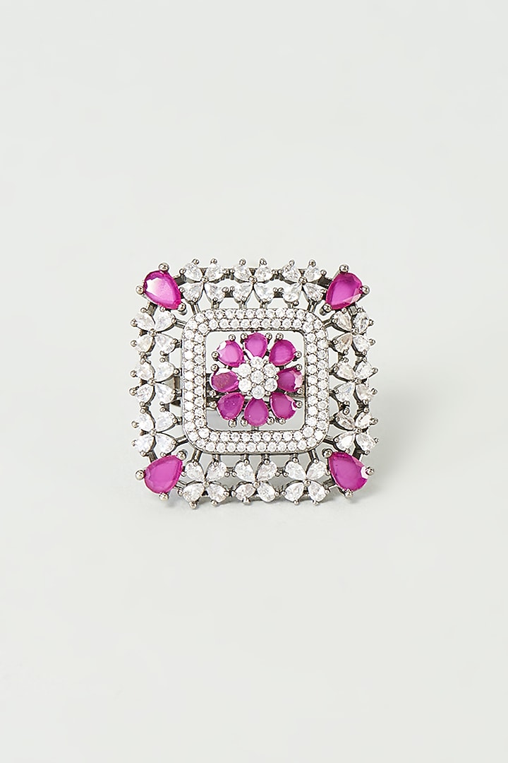 Black Rhodium Finish Faux Diamond & Red Stone Ring by Aster at Pernia's Pop Up Shop
