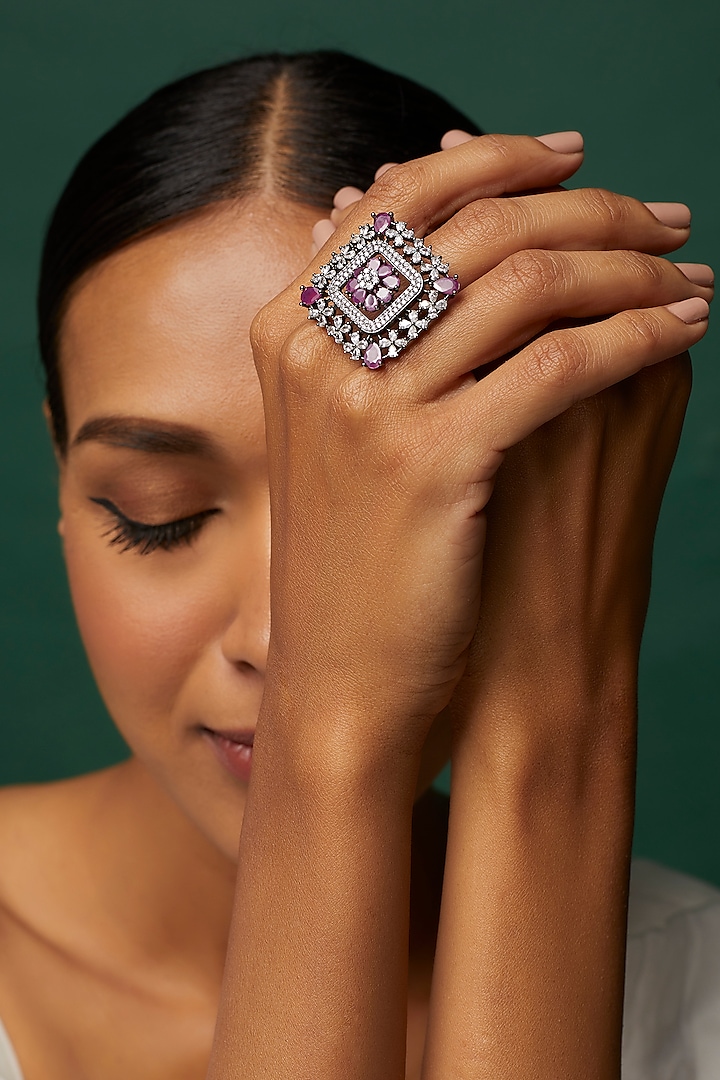 Black Rhodium Finish Faux Diamond & Red Stone Ring by Aster at Pernia's Pop Up Shop