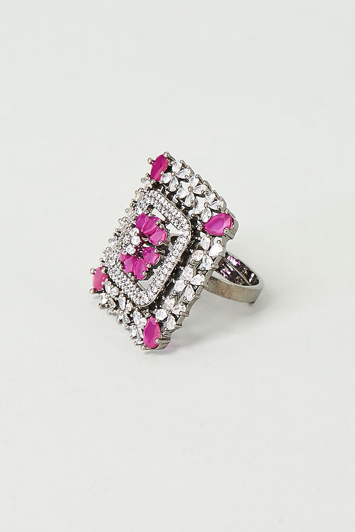Black Rhodium Finish Faux Diamond & Red Stone Ring by Aster at Pernia's Pop Up Shop